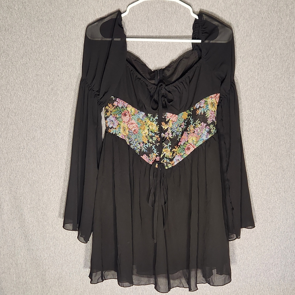 Floral Embroidered Black Women's Top